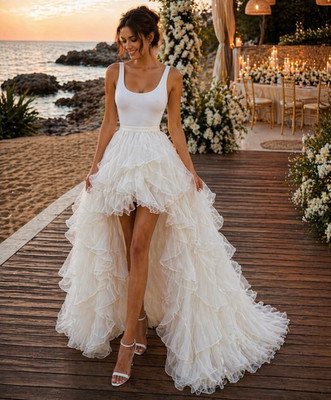 High Low Couture Bridal Wedding Dresses Organza Luxury Ruffled Train White Gowns