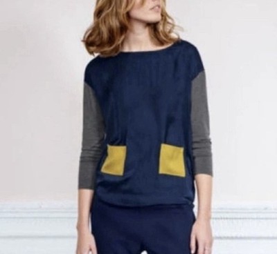 Boden Felicity Mixed Media Long Sleeve Color Block Silky Top US 16 Pockets Boho
