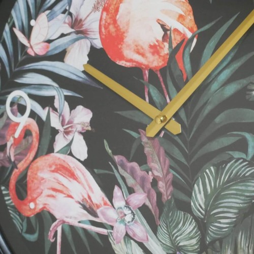 Reloj de Pared Flamenco Patrón Tropical Redondo Marco de Metal Negro 40cm Mediano - Imagen 3 de 5