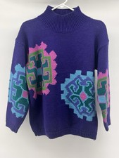 VTG Esprit Sport Purple Geometric Knit Wool Blend 80s Sweater Womens S Oversized