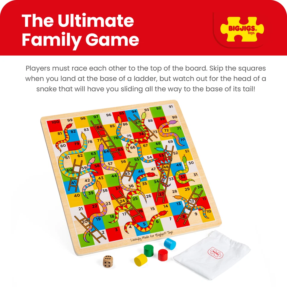 Bigjigs Toys Wooden Snakes and Ladders Board Game, Up to 4 Players, Family Games - Image 3 of 4