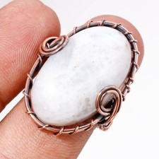 Rainbow Moonstone Gemstone Handmade Wire Wrap Copper Gift Jewelry Ring 8" PG 137