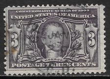 U.S. SCOTT 325 USED FINE cr - 1904 3c VIO LOUISINA PURCHASE ISSUE - JAMES MONROE