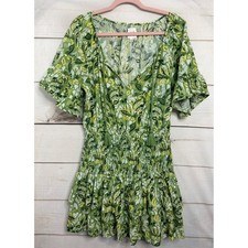 Aerie Green Paisley Smocked Waist Tiered Ruffle Mini Dress Womens Size Medium