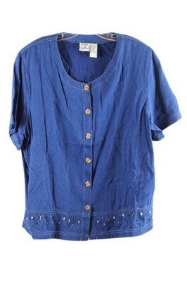 Venezia Blue Women's Top Blouse Button Up Collared Short Sleeve 20 062