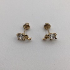 14K Yellow Gold Round White Zircon Elephant Baby Screw Back Stud Earrings