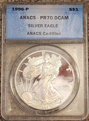 1996-P 1 OZ. SILVER AMERICAN EAGLE *ANACS PR70 DCAM* BLUE LABEL