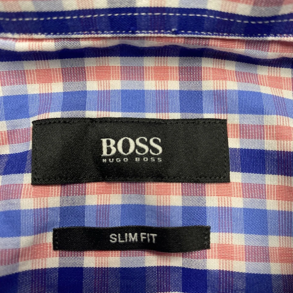 Hugo Boss Shirt Mens 15 1/2 39 Blue Pink Check Slim Fit Dress Italian Fabric - Image 3 of 4
