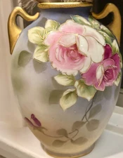 Antique Nippon Hand Painted Porcelain Floral Gold Two-Handled Textured Vase