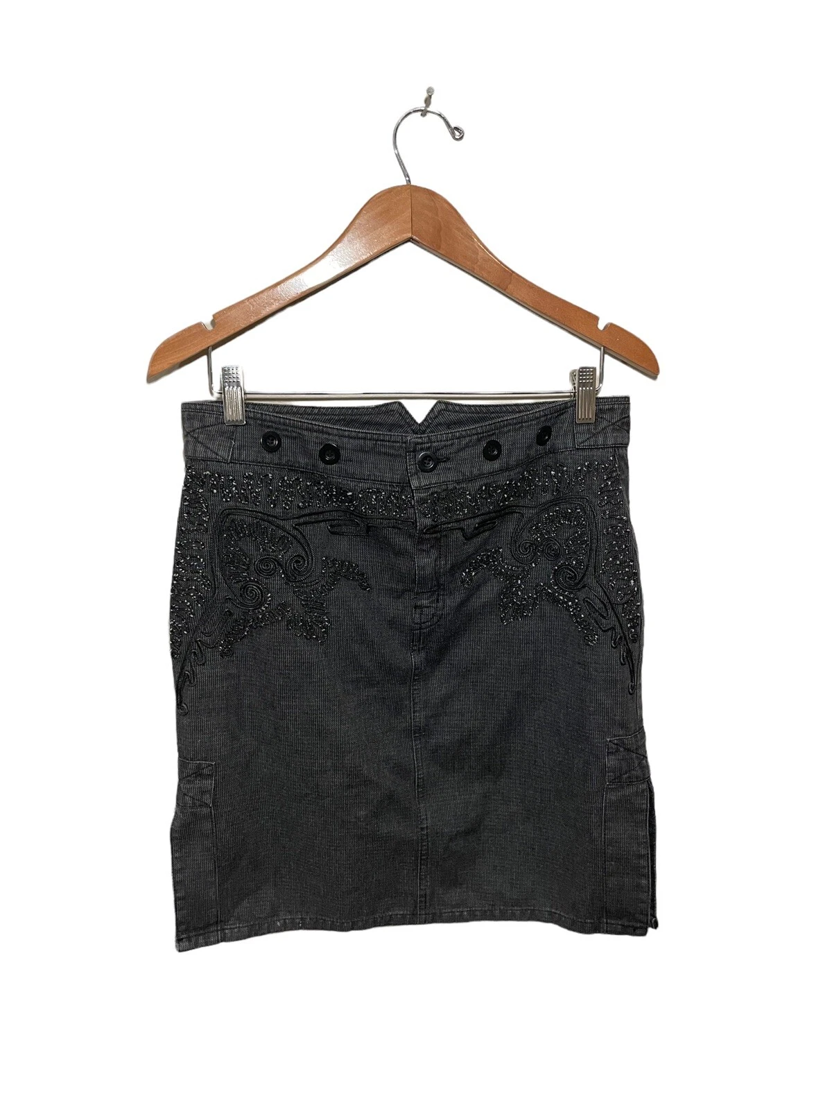 See By Chloe Embroidered Pencil Skirt Womens US 10 Buttons Side Slits Black Boho