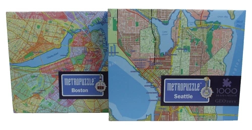 Lot of 2: 1000 Piece Geo Toys Metropuzzle Metro Jigsaw Puzzles, Boston & Seattle