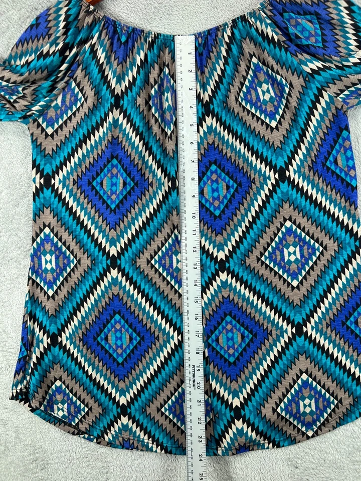 Camisa Top 2B Together Boho Para Mujer Pequeña Azul Elastizada Fuera del Hombro Manga Campana Foto 3 de 4