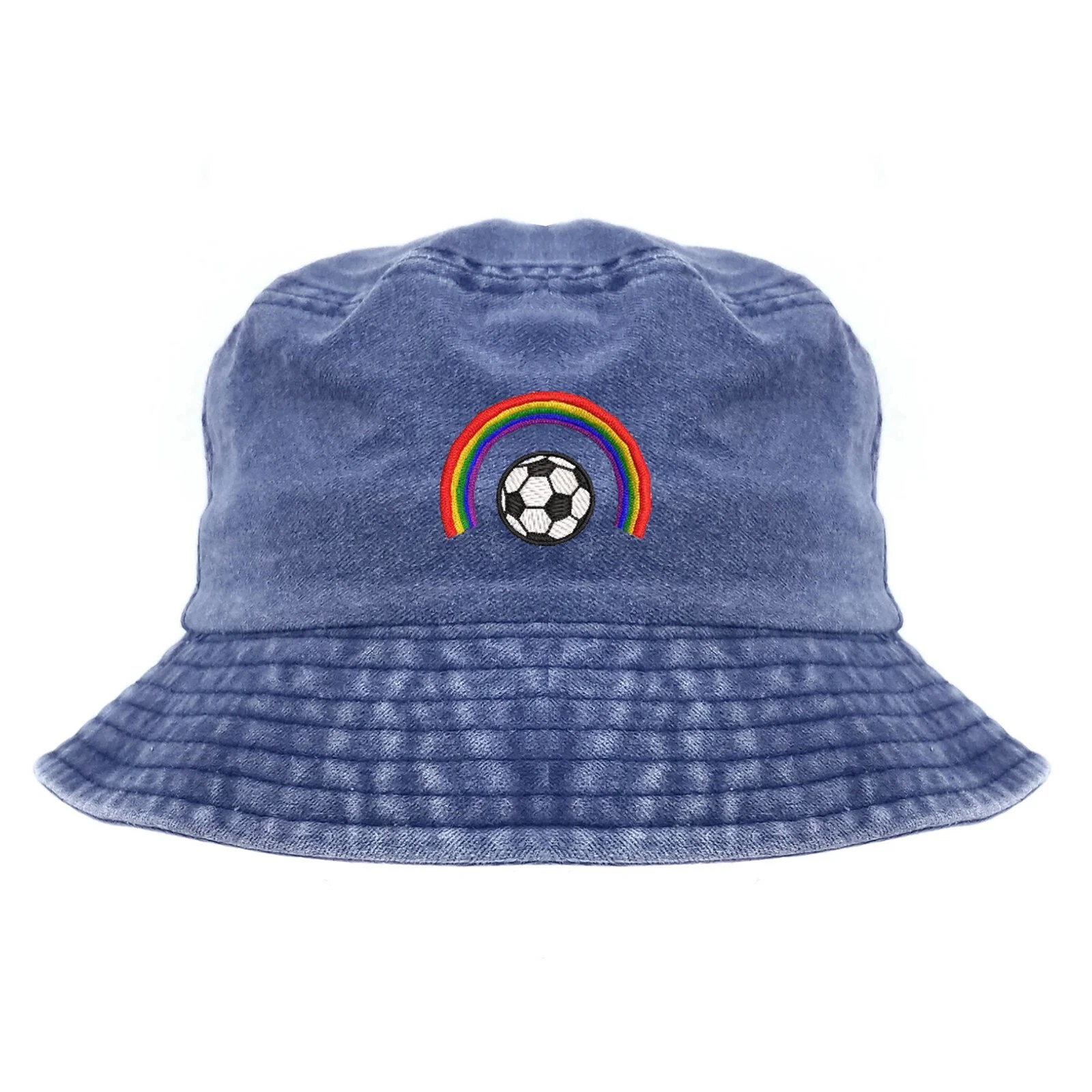 Rainbow with soccer ball embroidered vintage bucket hat (blue)