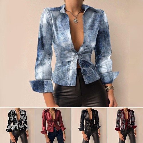 Damen Revers PU Kunstleder Knöpfe Hemd Langärmelig Slim Fit Bluse Oberteil C8 - Bild 5 von 19