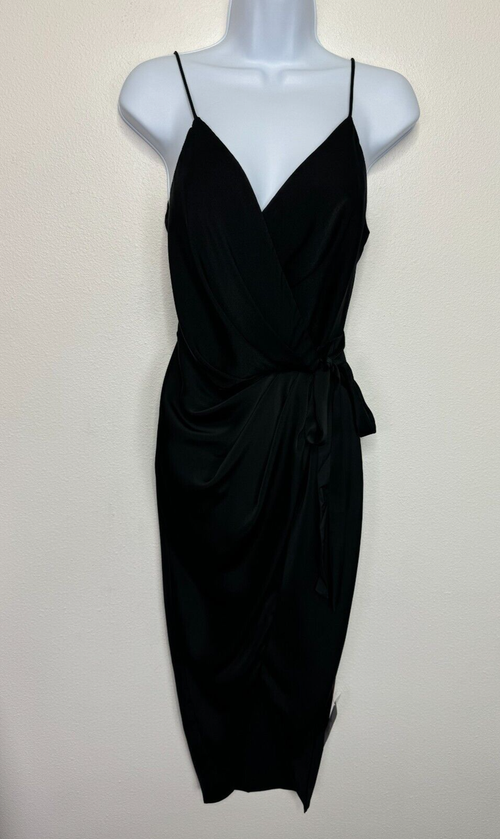 ASOS Design Sz 4 Wrap Midi Dress Black Sleeveless Front Slit Spaghetti  Strap NWT