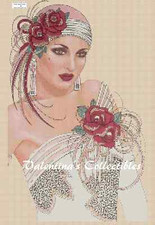 Art Deco Lady in White Dress and Red Roses Counted Cross Stitch CHART No.1-97