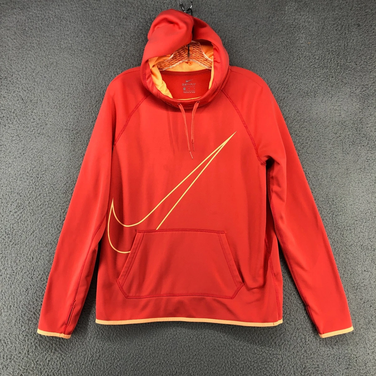 Nike Womens Dri Fit Big Swoosh Hooded Sweatshirt Medium Orange Pullover Pocket