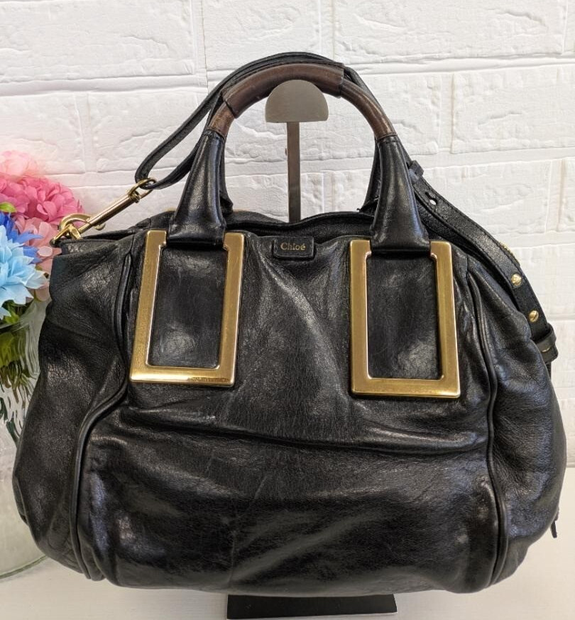 Auténtico bolso de mano Chloe Ethel de 2 vías de cuero negro dorado usado env...