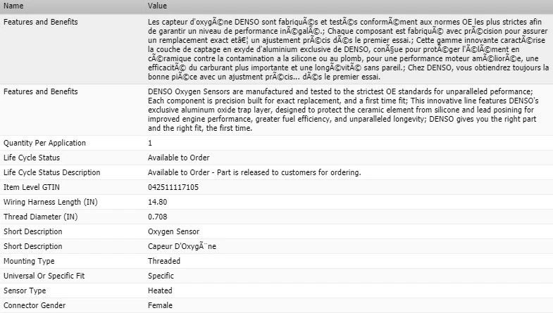 Sensor de oxígeno derecho Denso aguas abajo para GMC SIERRA 2500 HD 2008-2015 V8-6,0 L Foto 2 de 4