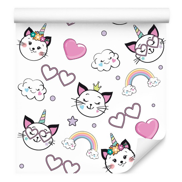 10M Vlies Tapeten Rollen Kinderzimmer Katzen Herzen Regenbogen Wolken Xxl 1814-image