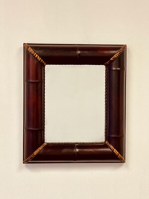Vintage Bamboo Wall Mirror Rectangular Dark Wood Tiki Tropical Coastal Decor