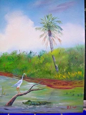Naive Tropical Landscape with palm Tree Egret Marsh Wetlands Florida Gator
