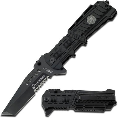 M-A1001 Series US Marines Spring Assist Folding Knife, Half-Serrated Blade, 5-In