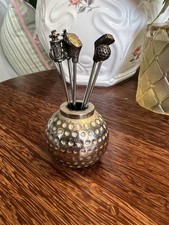 Vintage Heavy Silverplate Golf Ball Bar Set 5 Golf Club Appetizer Forks