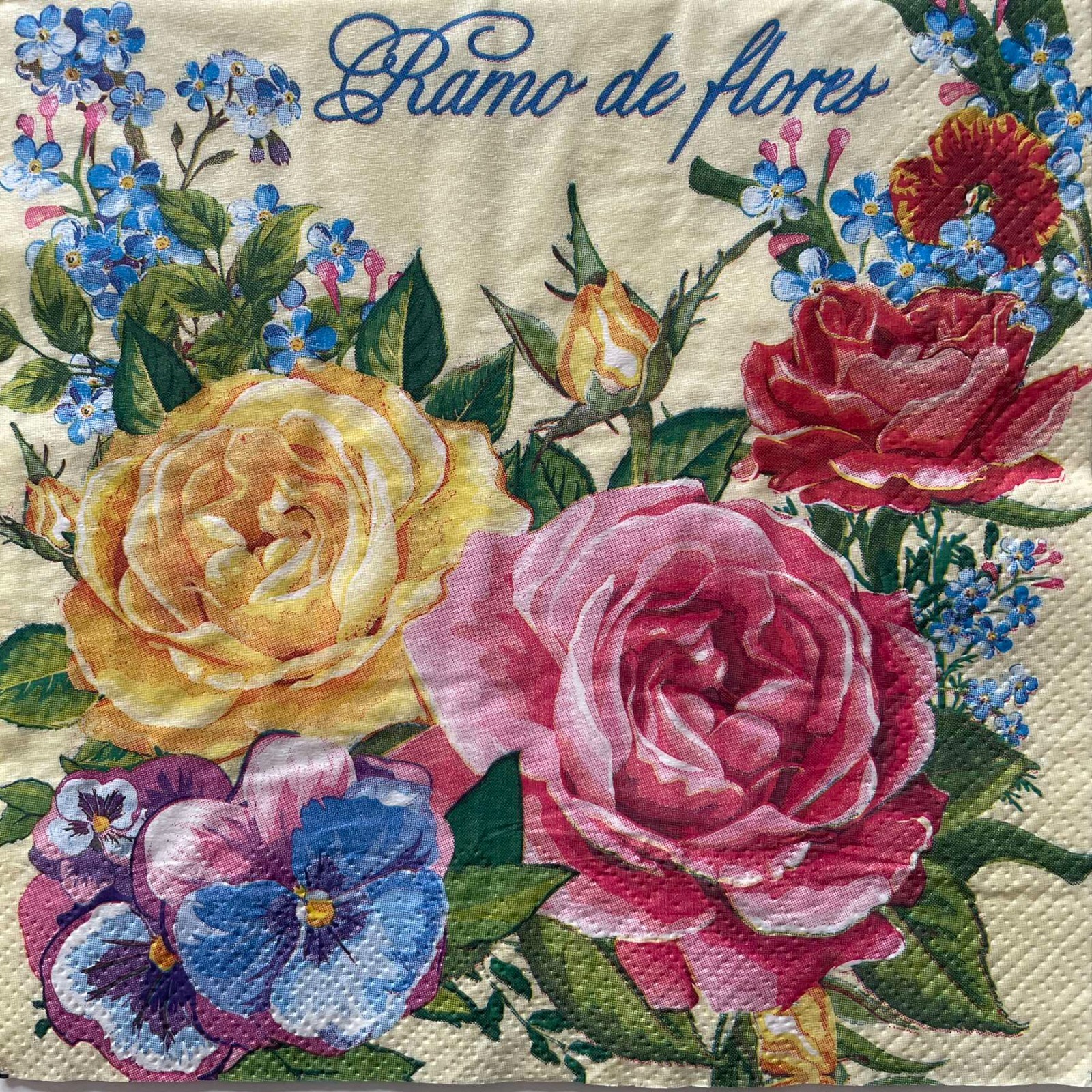 4 Luncheon paper napkins Garden Bloom Rose Pansy Forget Me Not for decoupage