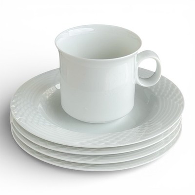 Hutschenreuther Scala Kaffeetasse plus 4 Untertassen Porzellan weiß Vintage