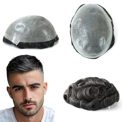 Natural Mens Human Hair Replacement Thin Skin V-Loop Toupee Hairpieces #1B20
