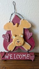Welcome Sign Wood Teddy Bear Hearts Rustic Country Home Decor Door Hangar