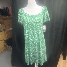 Floral Short Sleeve A-Line Dress Scoop Neck Green Women's SML