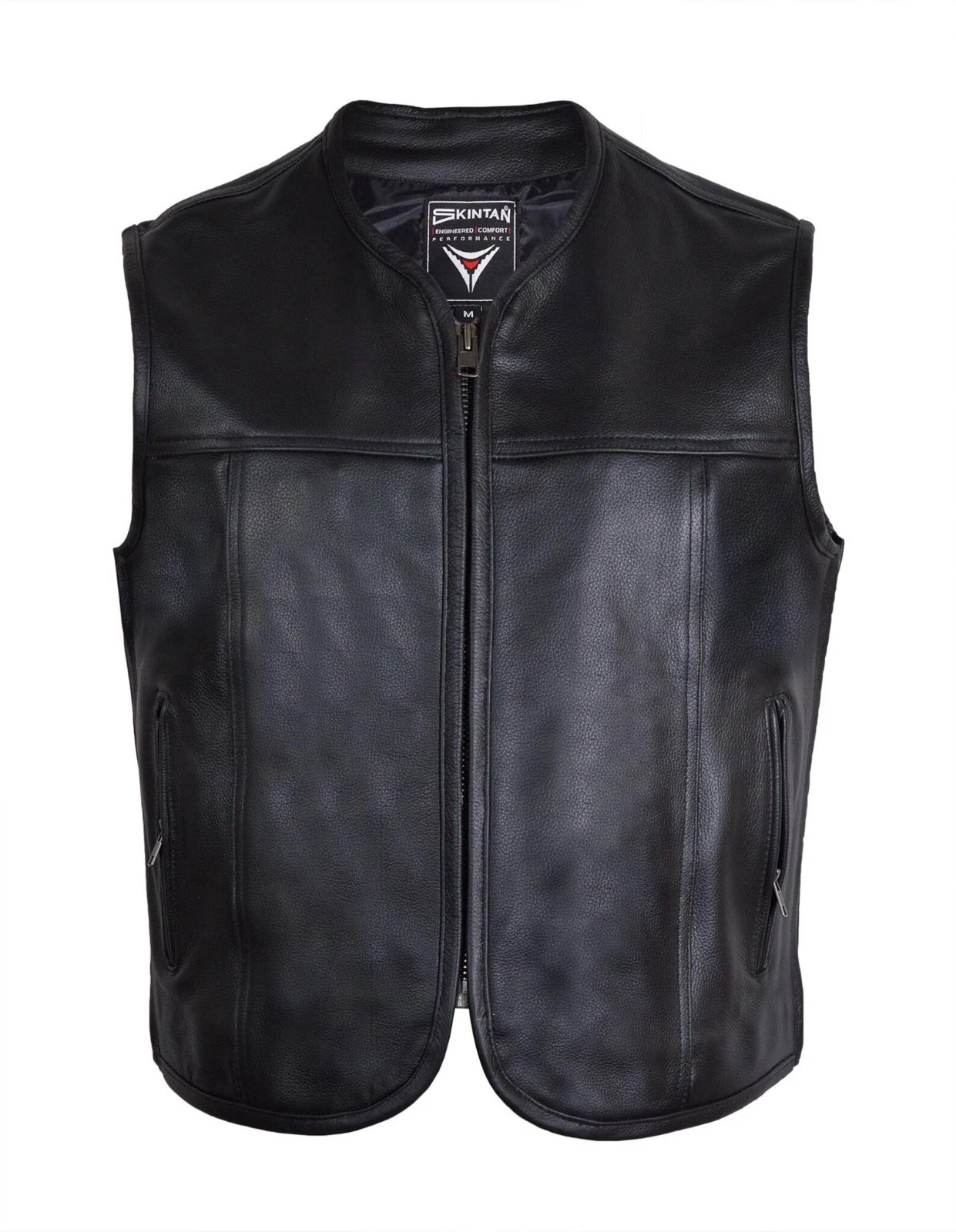Men's Leather Motorcycle Waistcoat in Plain Black Cowhide. Modern Expandable