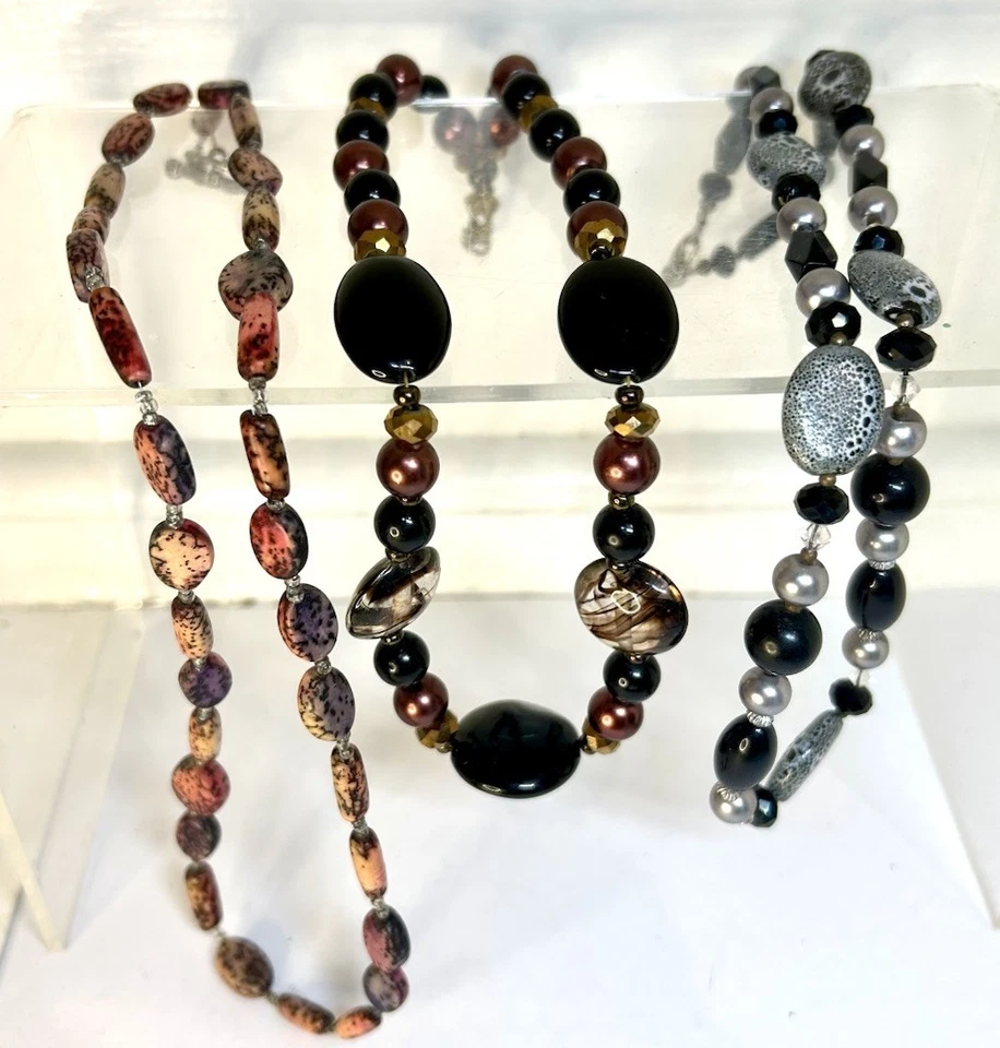 Лот из 3 - различные сделанные ожерелья бисер и камни подвески тона земли винтажный - Изображение 3 из 4