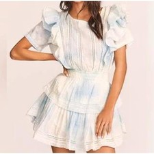 Love Shack Fancy Natasha Ruffle Lace Mini Dress Small Blue White Cotton $345