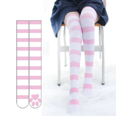 Lolita Over Knee Socks Pink Strip Kawaii Cat Paw Print Stockings Lolita Gothic V