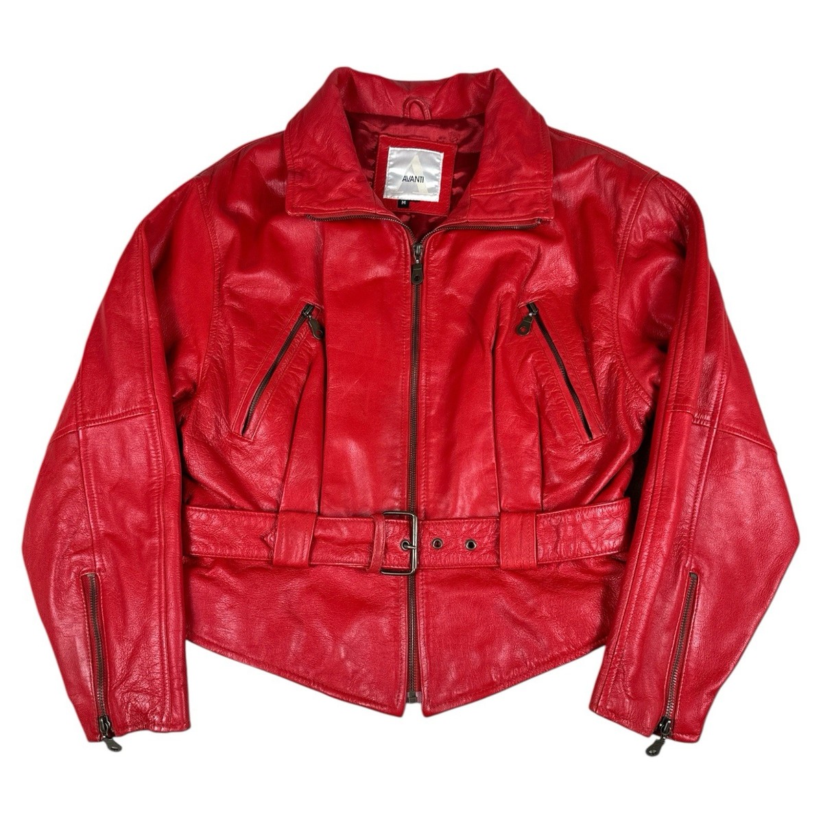 Vintage Avanti Red Leather Jacket Womens Medium Full Zip Belted