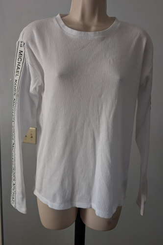 Michael Kors Waffle Knit Logo-Tape-Sleeve Thermal Top White Size XS NWT - Picture 2 of 9