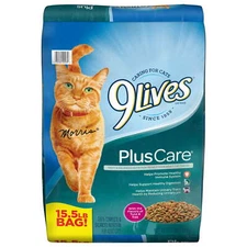 15.5 lb Bag, 9Lives Plus Care Dry Cat Food with Tuna & Egg Flavors, new