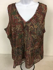 a n a A New Approach Top Women Size 1X Red Beige Green Paisley V neck Sleeveless