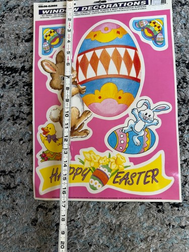 3 Vintage Easter Die Cut Cleo Flocked Decorations + Color-Clings Window NEW - Picture 14 of 15