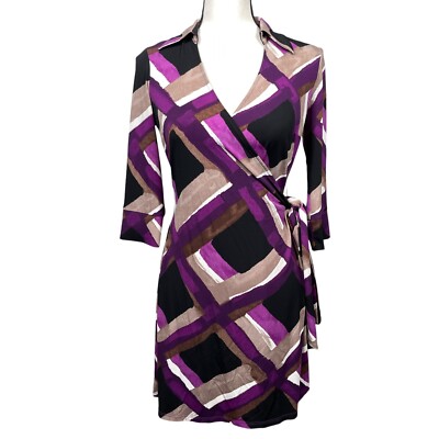 Boston Proper Andrea Behar Wrap Dress XS Purple Beige Geometric Liquid Knit USA