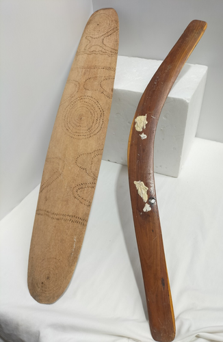 Scare Vintage Aboriginal Art Pokerwork Shield & Boomerang Hardwood Pieces - AF - Picture 7 of 12