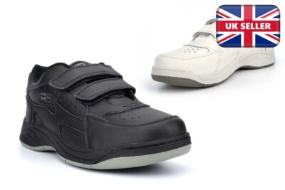 Mens Wide Fit Trainers Mens Coated Leather Trainers Touch Fastening Shoes  Size UK