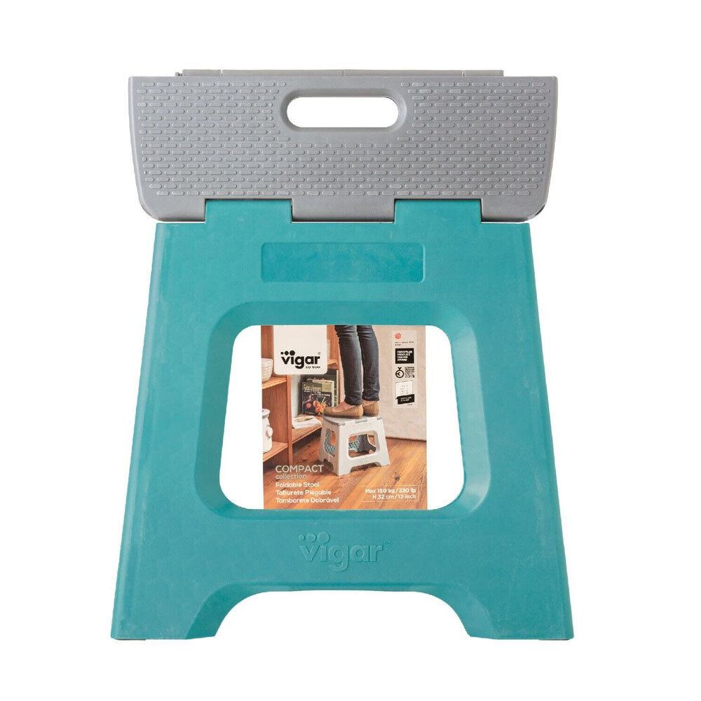 Tabouret Pliable VIGAR - Super Compact, 32 Cm De Haut - 80% Plastique Recyclé - Idéal Cuisine, Salle De Bain, Camping - Enfants Et Adultes - Turquoise