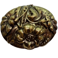 Vintage Brooch Victorian revival pressed brass floral repousse domed Pin