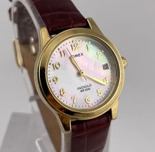 Timex Indiglo Watch Womens Date Pearl Look Dial 25mm Case Red Leather Band