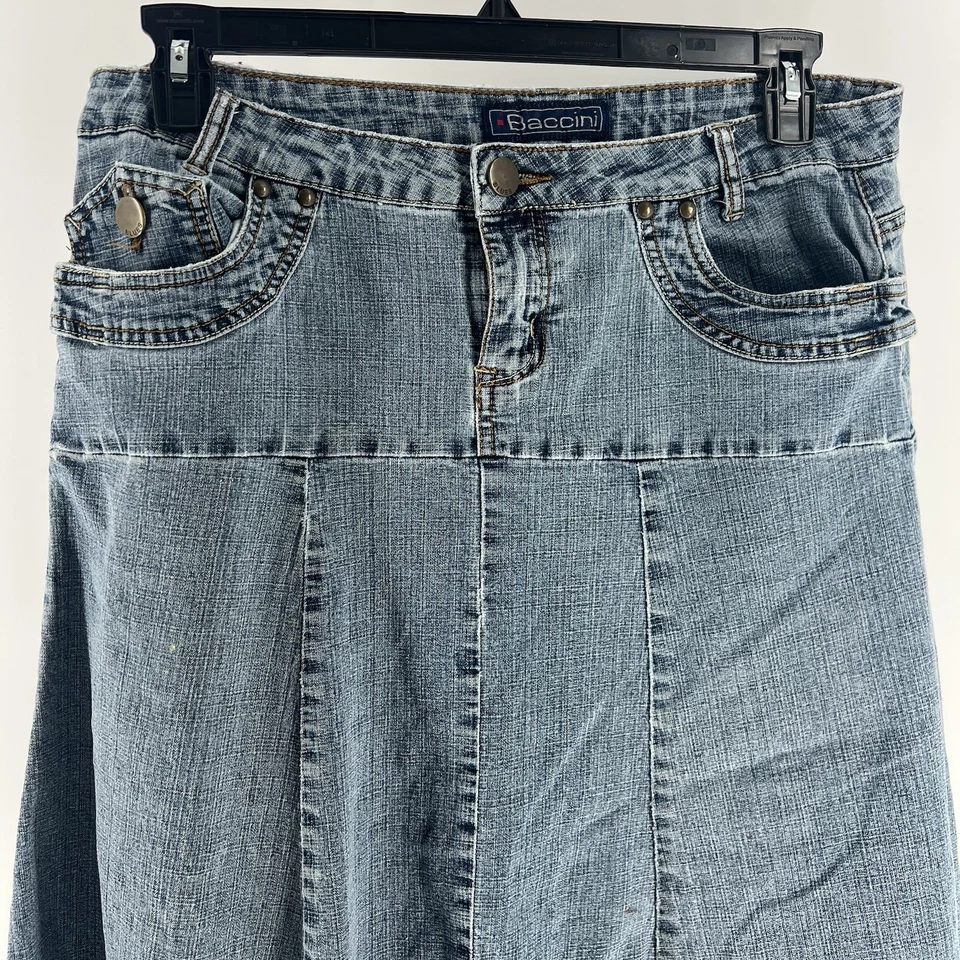 Falda vaquera larga acampanada de mezclilla Baccini para dama talla 14 descolorida y usada muy querida Foto 2 de 4