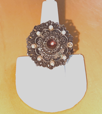 #ad Kim Craftsmen NYC Silver tone Filigree Ring OOAK w Faux Pearls 1960s sz 8 READ $81.25